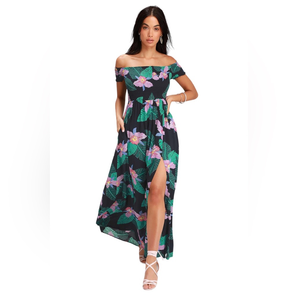 Lulus Patsy Navy Blue Floral Print Off-the-Shoulder Dress